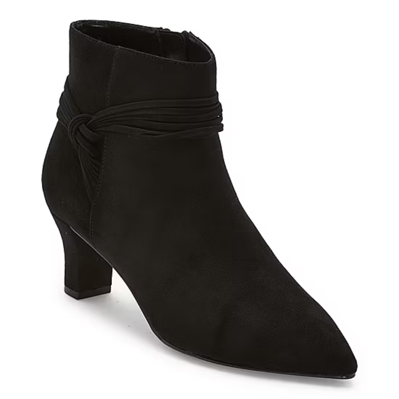 Black ankle boot with a mid-height heel and a decorative wrap-around strap design.