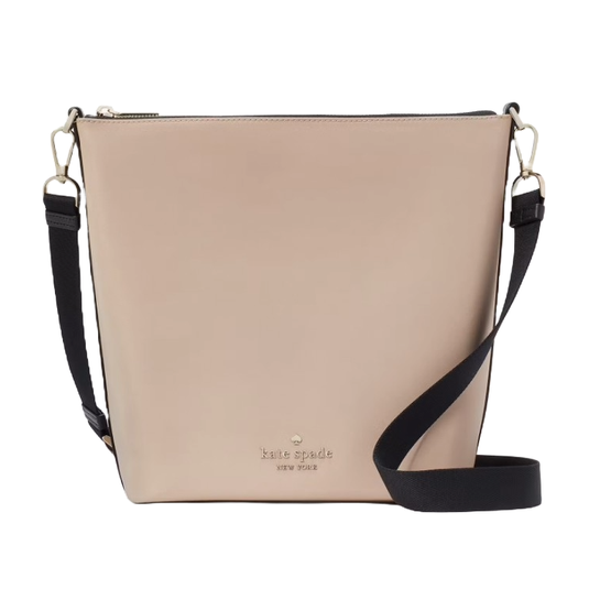 A beige Kate Spade New York crossbody bag with black adjustable strap and gold hardware accents.