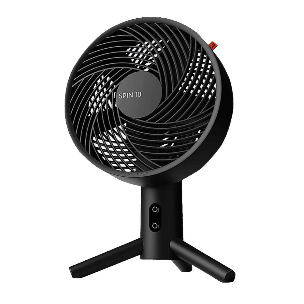 The Sharper Image by Vornado Desktop Fan features a sleek black design with a circular grille and distinctive spiral blades. It includes a sturdy stand with dual buttons for operation, designed for efficient airflow in a compact space.