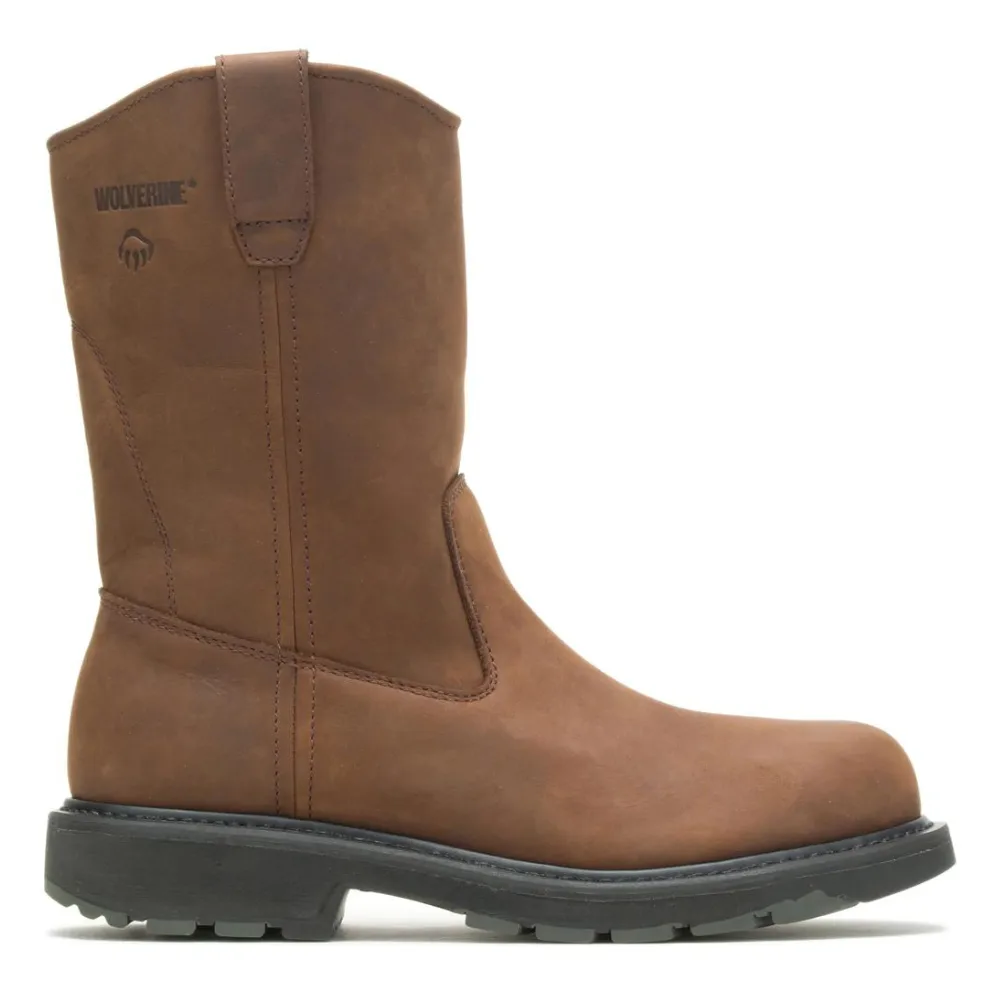 A brown leather slip-on work boot with a black rubber sole, featuring the Wolverine logo on the side.