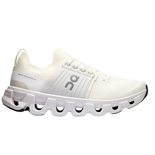 On Running Cloudswift 4 Sneakers are sleek white urban running shoes with a breathable mesh upper, featuring the brand's logo and a distinctive segmented sole for cushioning and flexibility.