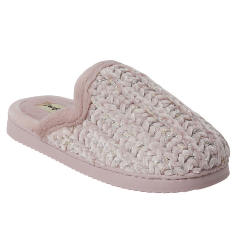 A pink, slip-on slipper with a plush, woven texture and a soft interior lining.