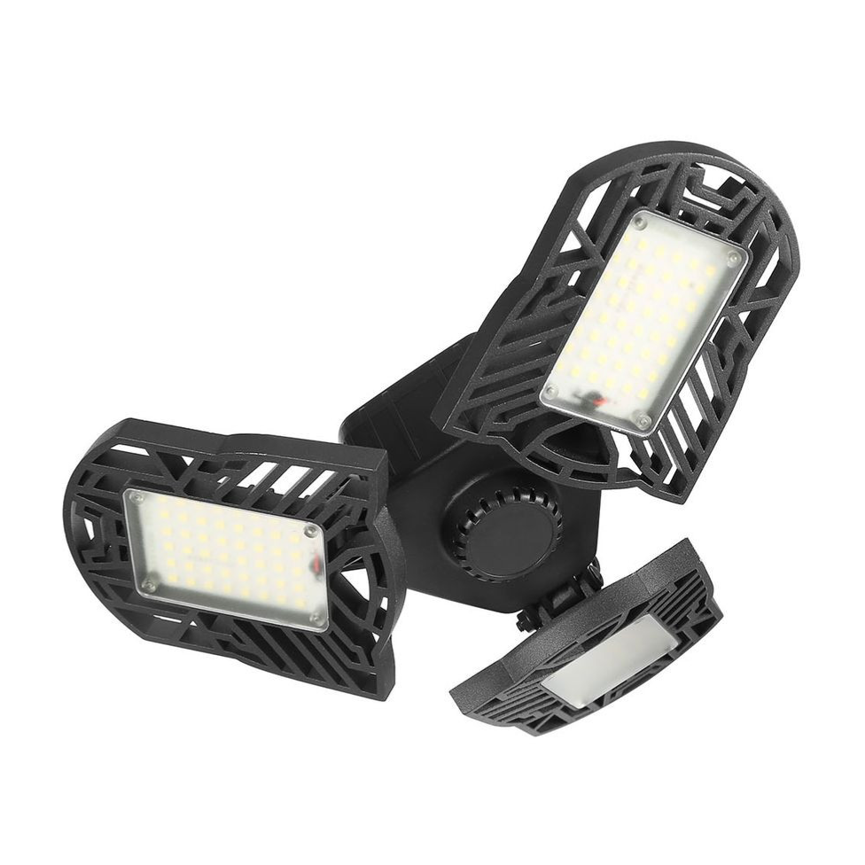 LED garage light with three adjustable panels for directional lighting, featuring black housing and multiple LED bulbs.