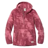 A pink patterned fleece hoodie with a half-zip front, hood, and front pocket, featuring a soft, plush texture for warmth.