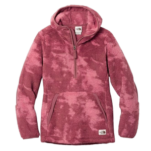 A pink patterned fleece hoodie with a half-zip front, hood, and front pocket, featuring a soft, plush texture for warmth.