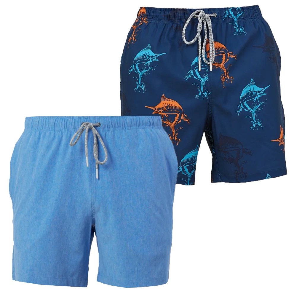 Two pairs of quick-dry swim trunks: one in solid light blue with a drawstring, and the other in navy with a vibrant orange and blue shark pattern, also featuring a drawstring waistband.