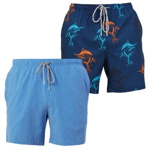Two pairs of quick-dry swim trunks: one in solid light blue with a drawstring, and the other in navy with a vibrant orange and blue shark pattern, also featuring a drawstring waistband.