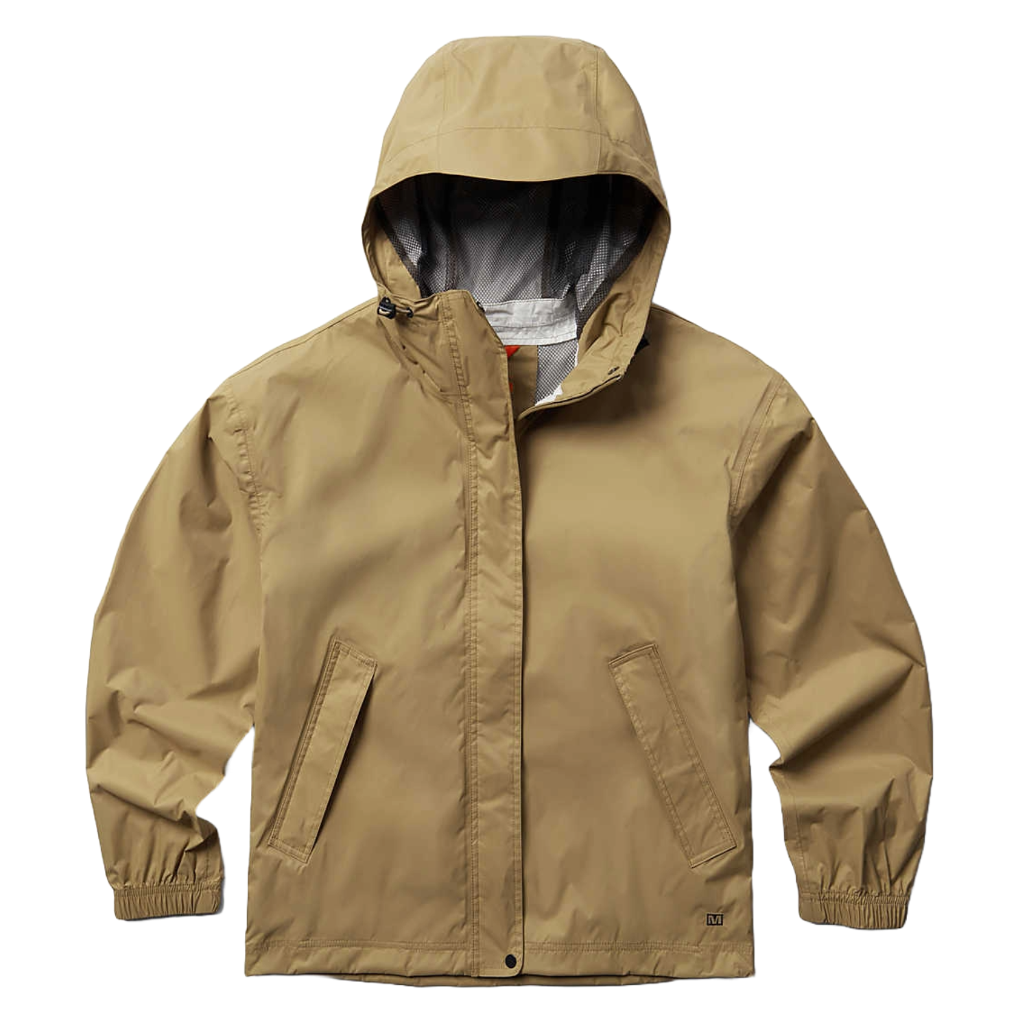 A tan, lightweight hooded jacket with elastic cuffs and two front pockets.