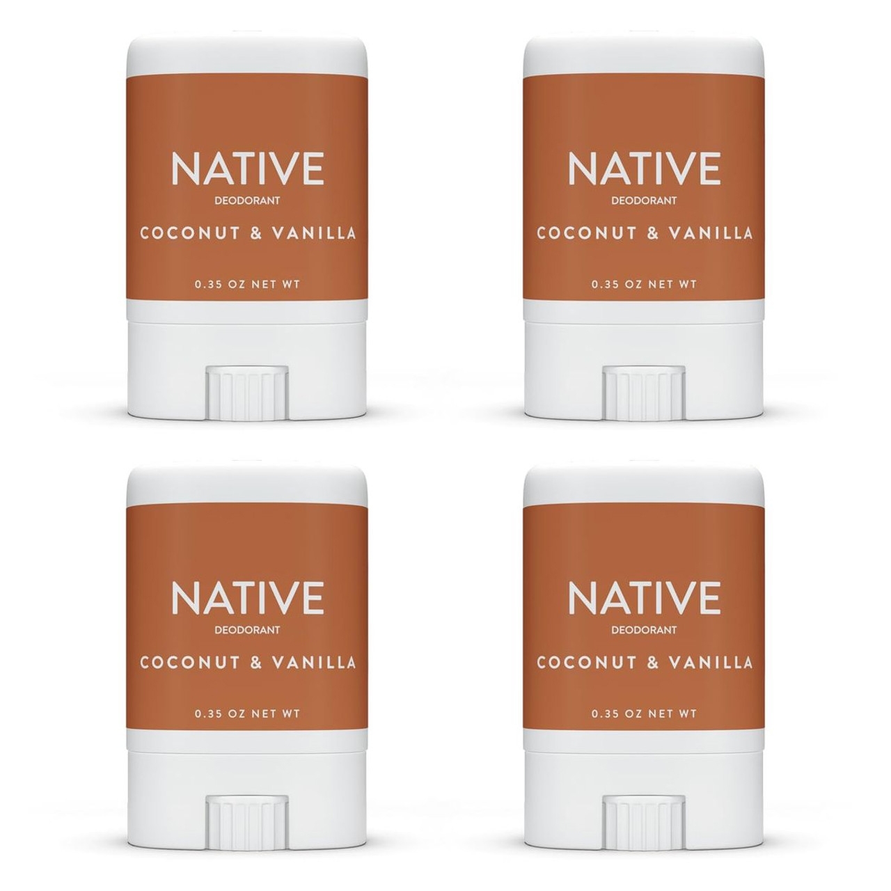 Four 0.35 oz Native Mini Deodorants in Coconut & Vanilla scent, featuring orange labels with white text, displayed in two rows of two each.