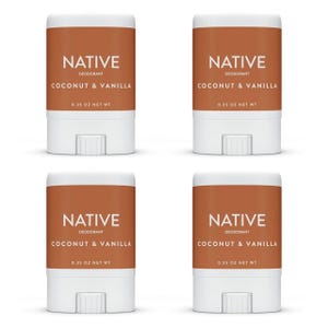 Four 0.35 oz Native Mini Deodorants in Coconut & Vanilla scent, featuring orange labels with white text, displayed in two rows of two each.