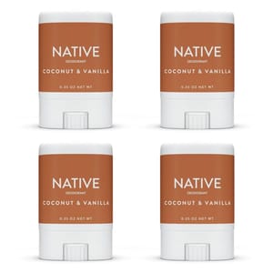 Four 0.35 oz Native Mini Deodorants in Coconut & Vanilla scent, featuring orange labels with white text, displayed in two rows of two each.