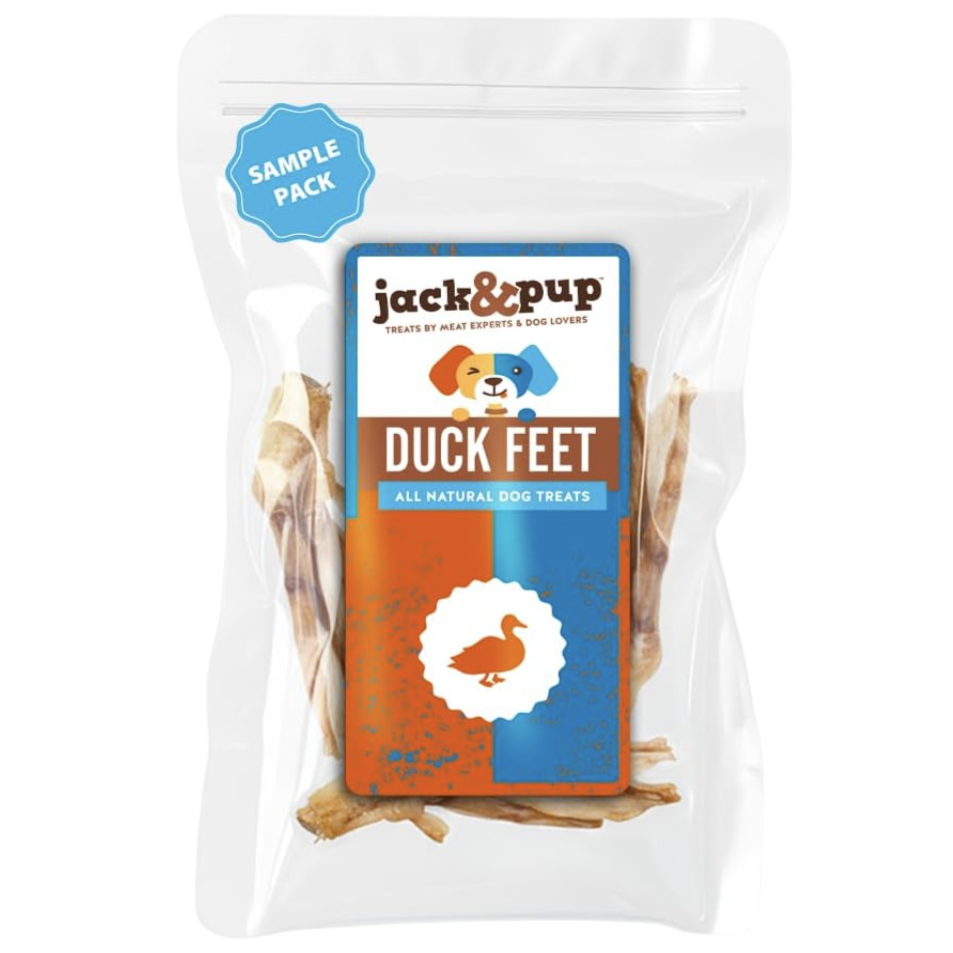 Jack & Pup Duck Feet, all-natural dog treats in a sample pack. The packaging features a cartoon dog and a duck icon.