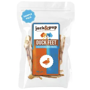 Jack & Pup Duck Feet, all-natural dog treats in a sample pack. The packaging features a cartoon dog and a duck icon.