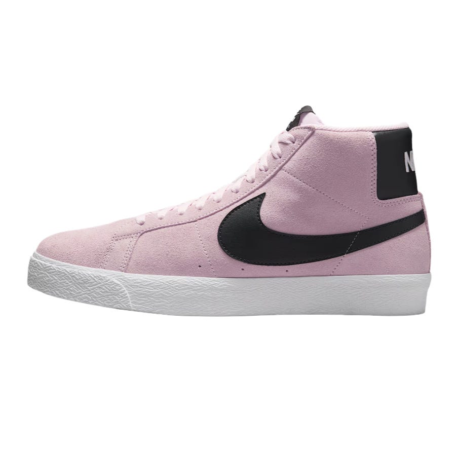 This is a pink high-top sneaker with a black Nike Swoosh logo and a white sole. It's likely a Nike Blazer model.