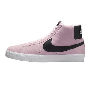 This is a pink high-top sneaker with a black Nike Swoosh logo and a white sole. It's likely a Nike Blazer model.