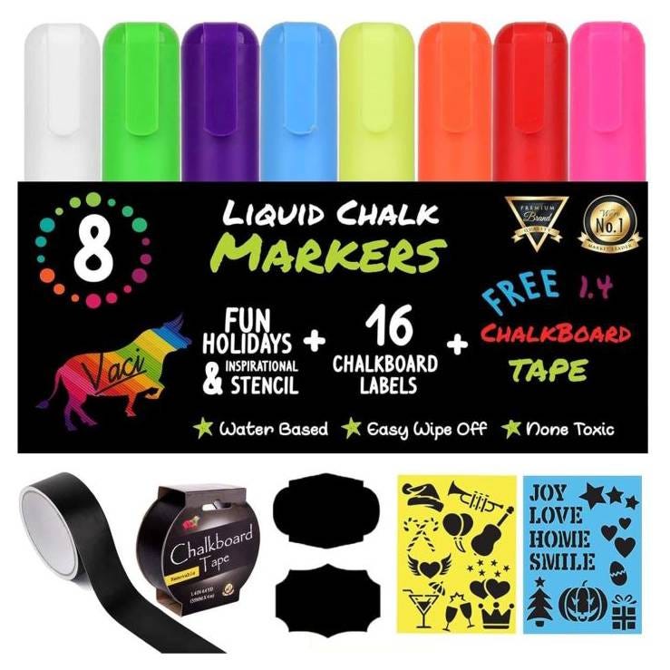 8 liquid chalk markers, water-based and non-toxic, with 16 chalkboard labels, fun stencil designs, and free chalkboard tape.