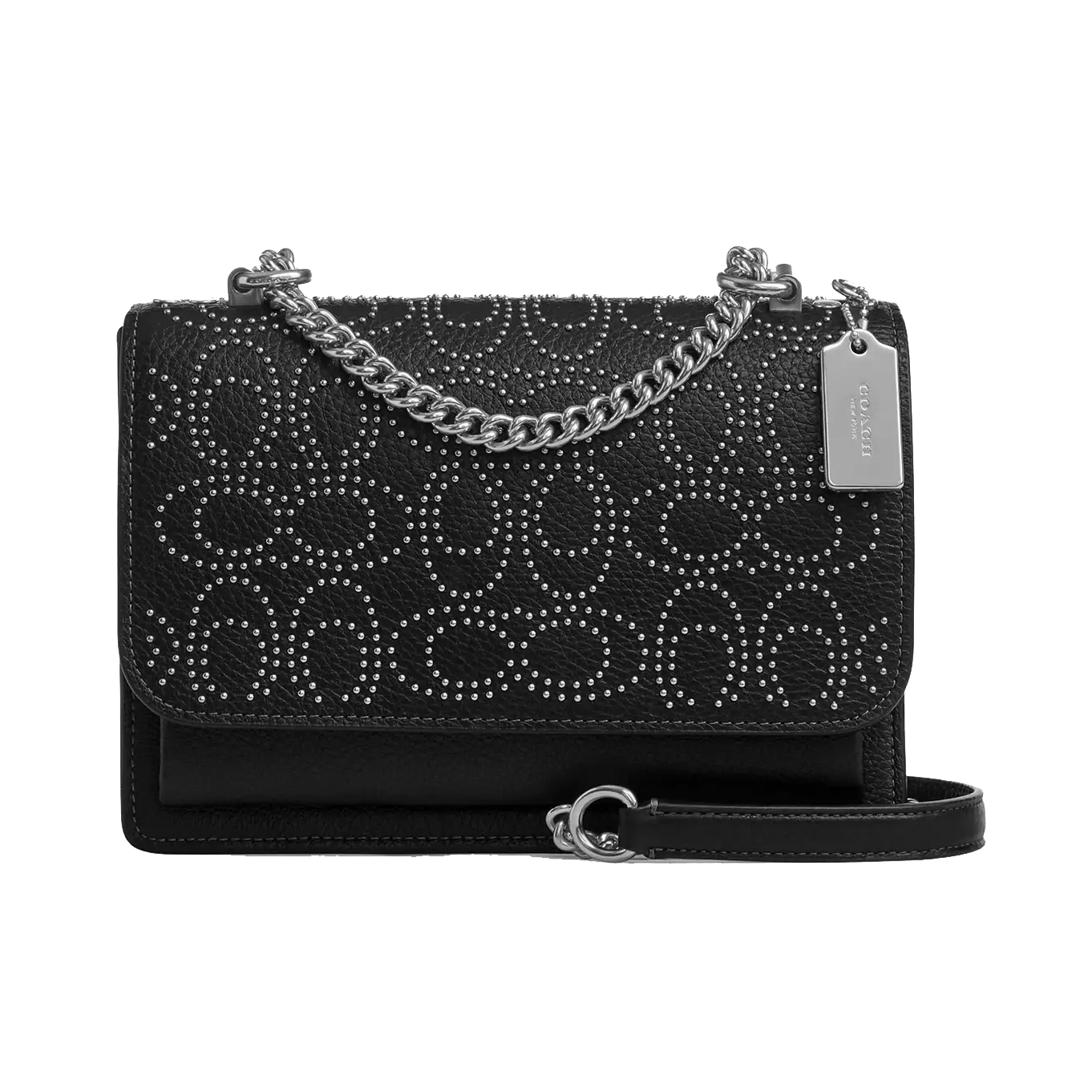The Coach Klare Crossbody Bag features black leather with a riveted pattern, a silver chain strap, and a Coach tag. Its sleek design offers stylish functionality.