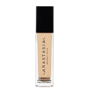 Anastasia Beverly Hills Luminous Foundation in a rectangular bottle with a black cap, featuring the brand name vertically along the bottle's front.