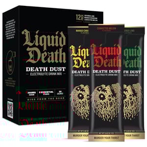 Liquid Death Death Dust Electrolyte Drink Mix 72-pack includes flavors Severed Lime, Mango Chainsaw, and Convicted Melon. Each pack contains 300mg sodium, 5 essential vitamins, and 35 calories, with the tagline \“Murder Your Thirst.\“