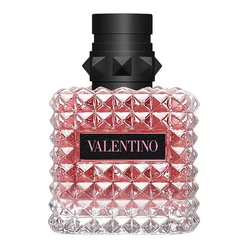 A pink glass bottle with a studded texture and a black cap, labeled \“Valentino.\“
