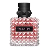 A pink glass bottle with a studded texture and a black cap, labeled \“Valentino.\“