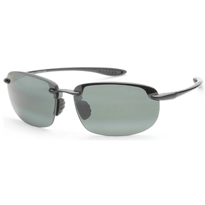 Rectangular rimless sunglasses with dark polarized lenses and thin black frames.