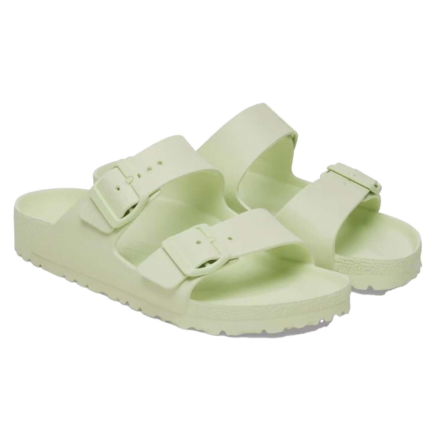 Pale green Birkenstock sandals made from lightweight EVA material, featuring two adjustable straps with buckles and a contoured footbed for comfort.
