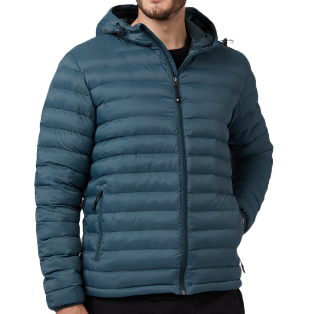 A men's puffer jacket in teal with horizontal quilting, featuring a hood, front zipper, and zippered side pockets.