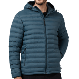 A men's puffer jacket in teal with horizontal quilting, featuring a hood, front zipper, and zippered side pockets.