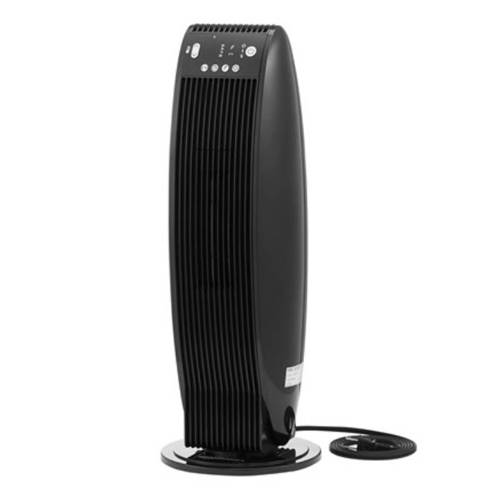 Black tower heater with a sleek, vertical design, featuring a control panel with buttons on the top. It has a cord at the base for power connection.