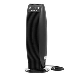 Black tower heater with a sleek, vertical design, featuring a control panel with buttons on the top. It has a cord at the base for power connection.
