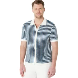 A man is wearing a short-sleeved knitted shirt with a navy and white stripe pattern and a white collar, along with white pants.