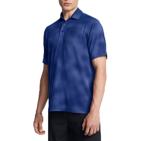 UA Playoff 3.0 Golf Polo features a blue striped pattern, short sleeves, and a collar. Made from lightweight, breathable fabric with a subtle logo on the chest.