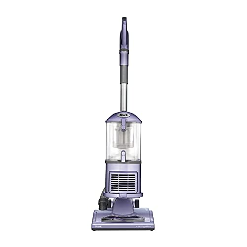Upright Shark Navigator vacuum with transparent dust canister and purple accents.
