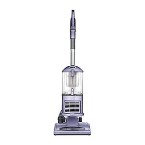Upright Shark Navigator vacuum with transparent dust canister and purple accents.