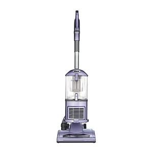 Upright Shark Navigator vacuum with transparent dust canister and purple accents.