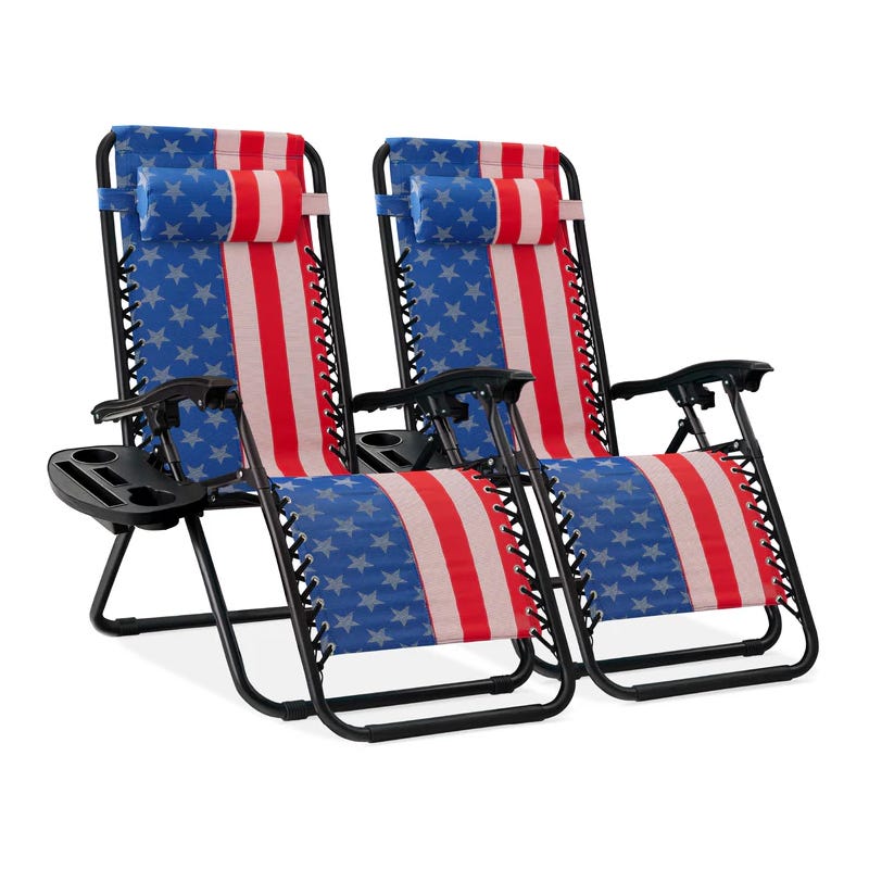 Two folding chairs with American flag design, featuring cup holders and adjustable headrests.