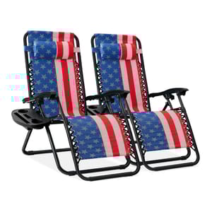 Two folding chairs with American flag design, featuring cup holders and adjustable headrests.