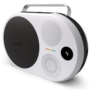 Polaroid Portable Speaker features a sleek, oval design with a black speaker grille, two smaller perforated sections, a colorful logo, and a digital display. It includes a metal handle for easy portability.