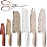 A set of kitchen knives and scissors, each with protective sheaths. The knives vary in size and type, including a chef's knife, bread knife, and utility knife, in neutral colors.