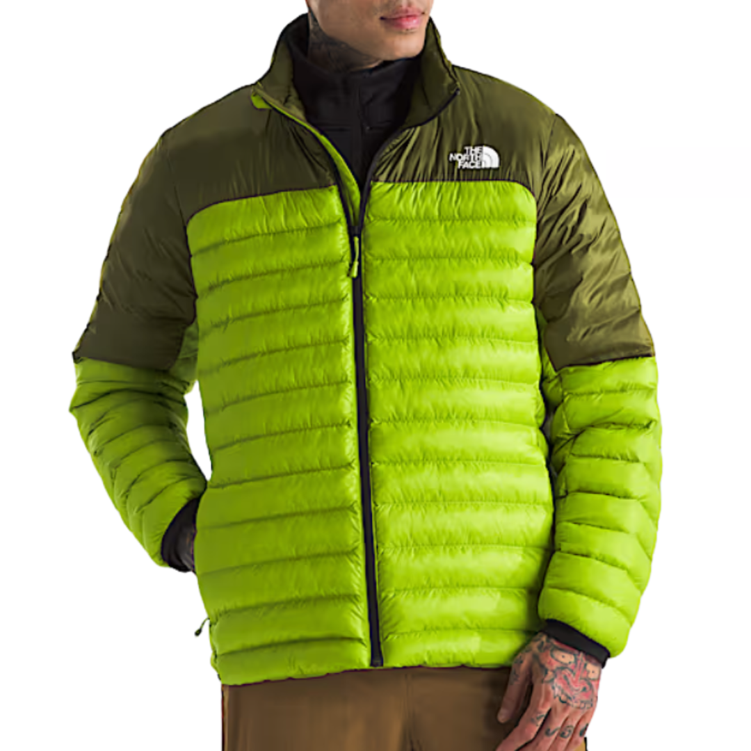 The North Face Terra Peak Jacket is a two-tone puffer jacket featuring a dark olive top and bright lime green horizontal quilted body, with a full front zipper and the brand logo on the chest.