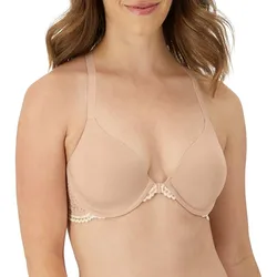 A beige bra with underwire support, featuring smooth cups and lace trim detail, worn by a person with light brown hair.