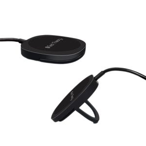 A black magnetic wireless charger with a circular design, featuring a cable and a foldable stand, suitable for charging compatible devices wirelessly.
