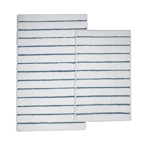 Two white bath rugs with horizontal black stripes, one larger and one smaller, overlapping slightly.