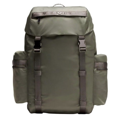 A green, durable backpack with two zippered side pockets, a top flap with buckle closures, and adjustable shoulder straps.