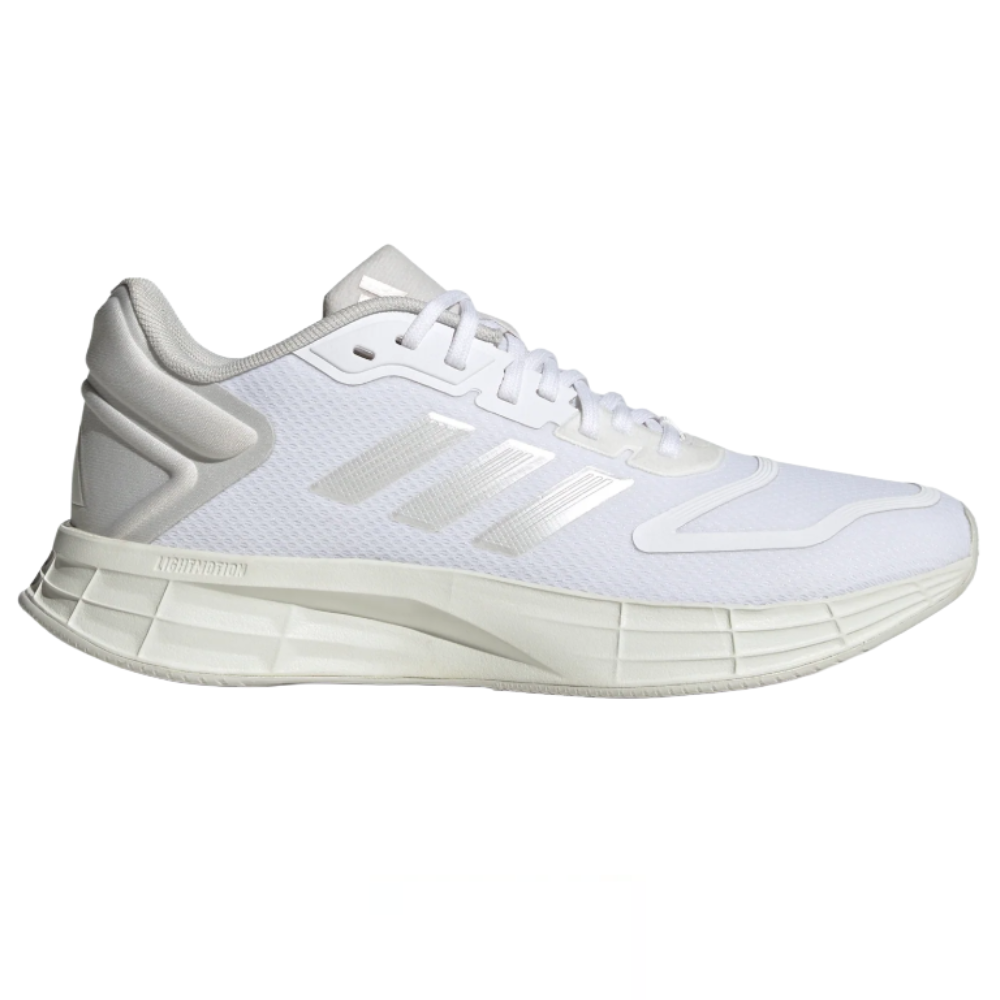 A white athletic shoe with a mesh upper and cushioned sole, featuring the Adidas logo and three stripes, designed for running.