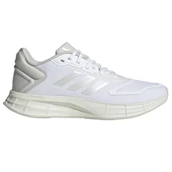 A white athletic shoe with a mesh upper and cushioned sole, featuring the Adidas logo and three stripes, designed for running.