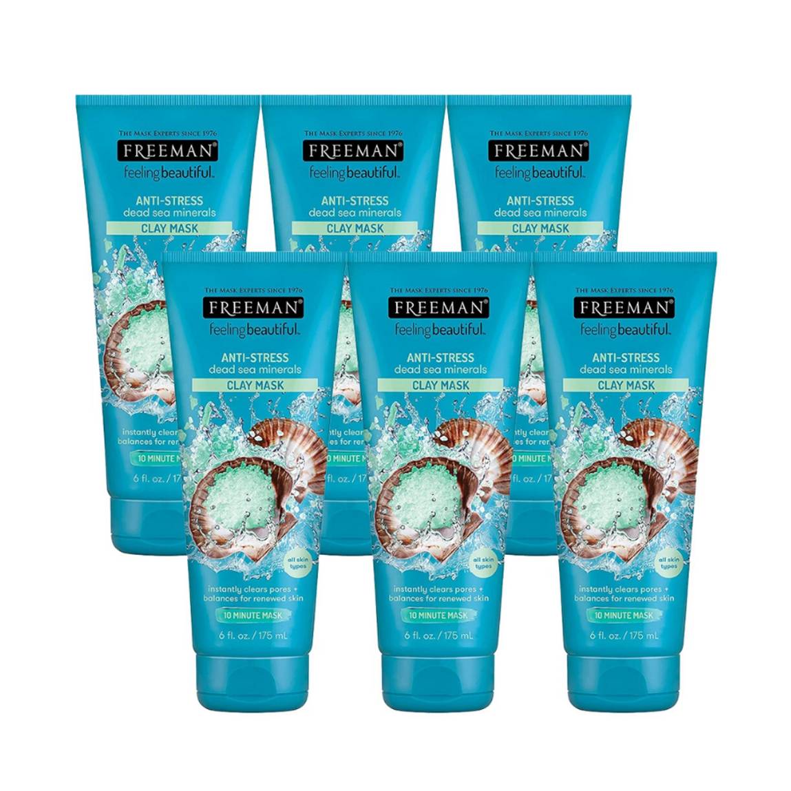 Five tubes of Freeman Anti-Stress Clay Mask with Dead Sea Minerals, each 6 fl oz (175 mL), designed to clear pores and balance skin.