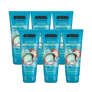 Five tubes of Freeman Anti-Stress Clay Mask with Dead Sea Minerals, each 6 fl oz (175 mL), designed to clear pores and balance skin.