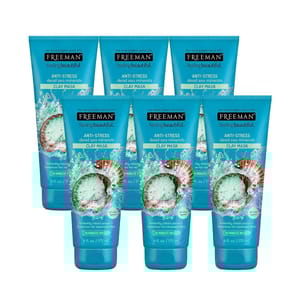 Five tubes of Freeman Anti-Stress Clay Mask with Dead Sea Minerals, each 6 fl oz (175 mL), designed to clear pores and balance skin.
